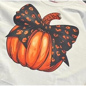 Gildan White Pumpkin Leopard‎ Bow Graphic T Shirt Tee Shirt Long Sleeve
